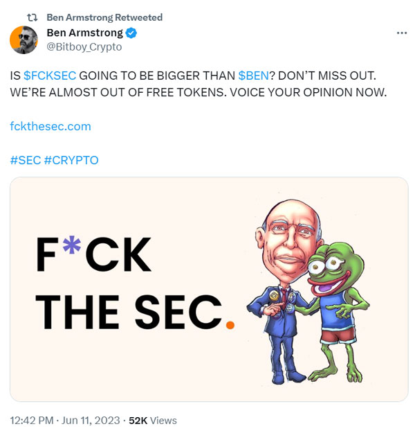 Ben Armstrong(Bitboy) Twitter Hacked, Promoted Anti-SEC Tokens